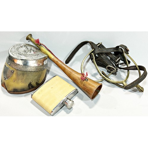 582 - A silver plated mounted horse hoof snuff box, two pairs of riding boot spurs, a small copper and bra... 