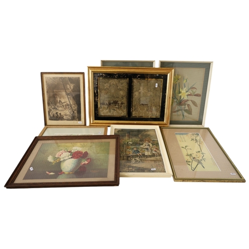 1938 - A quantity of mixed pictures, to include two c.19th century sections of needlework in an verre églom... 