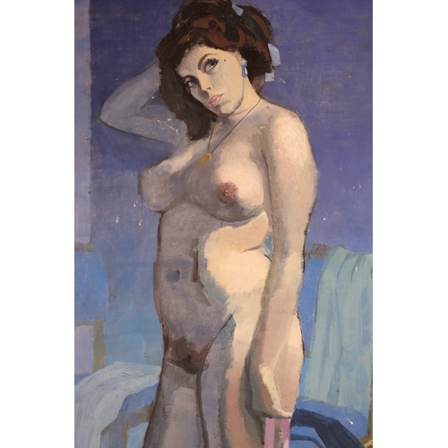 1913 - British School - A modernist portrait of a standing nude model in blue, oil on board, signed and dat... 