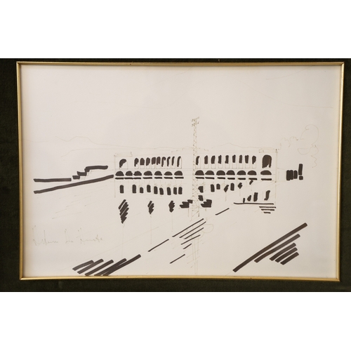 1929 - Five pen and ink architectural studies, possibly Italian, indistinctly signed below, frame dimension... 