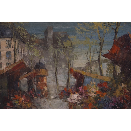 1905 - A 20th Century Parisian flower market scene, unsigned, oil on canvas, 35 x 100 cm, framed