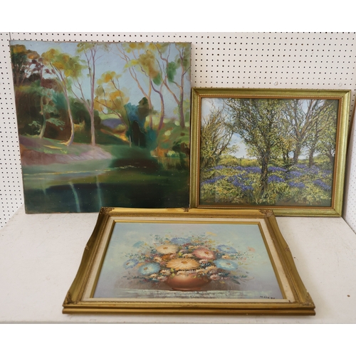 1919 - A group of framed paintings and other items to include: A gouache of bluebells in the woods signed F... 