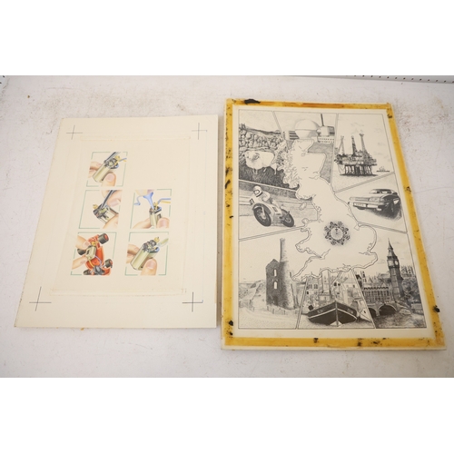 1921 - Two portfolios containing detailed pen illustrations of mechanical objects, airbrush enhanced photos... 