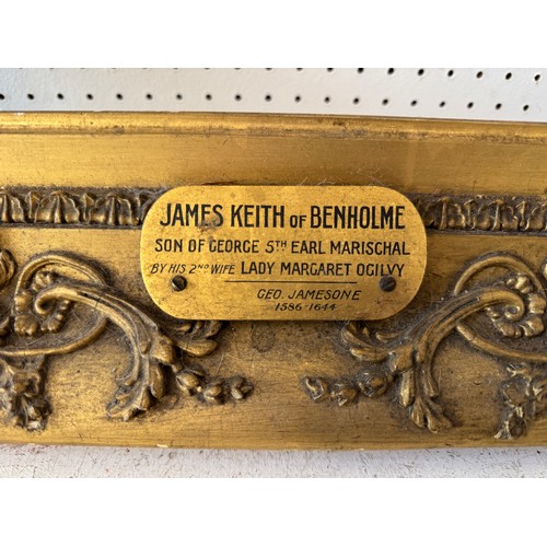 1922 - A 19th century moulded gilt frame with a plaque below inscribed: 'James Keith of Benholme Son of Geo... 