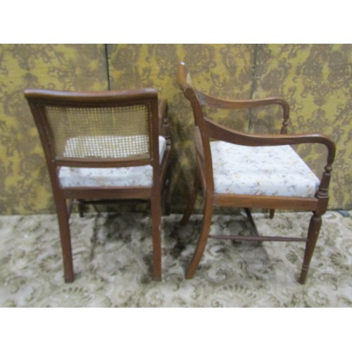 1271 - Pair of Regency style open elbow chairs with cane panelled backs over later upholstered seats, raise... 