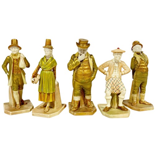 60 - A group of five Royal Worcester blush ivory characters, John Bull, Welsh and Scottish costume, etc, ... 