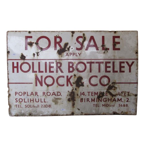 1021 - A vintage rectangular enamel for sale sign Apply Hollier Botteley Nock & Co, 61 cm x 92 cm (af)