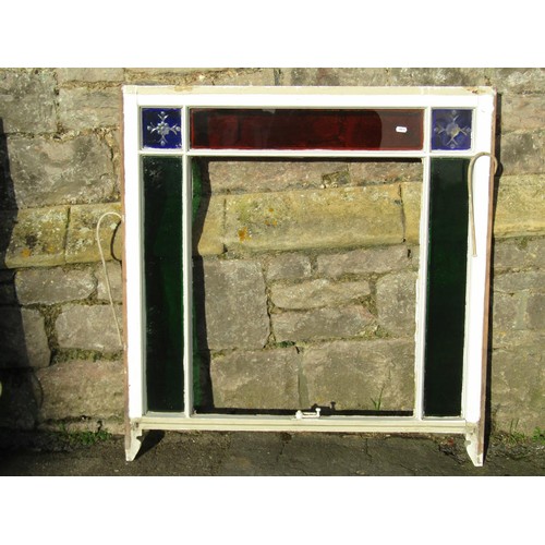 1039 - Two reclaimed painted pine framed sash windows enclosing coloured glass panels (af), 96 cm high x 90... 