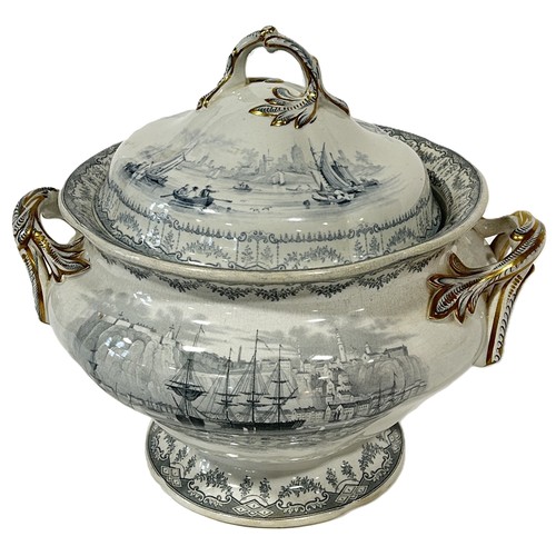 67 - A mid 19th century tureen and cover with marine scenes showing man-of-war in harbour with further ba... 