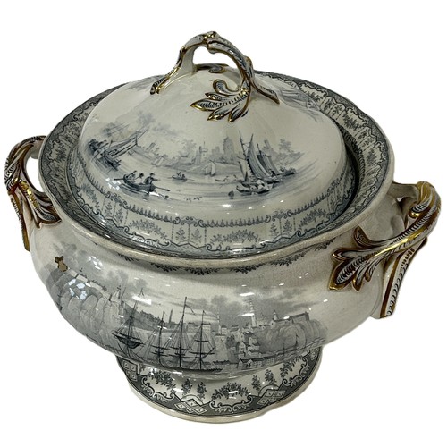 67 - A mid 19th century tureen and cover with marine scenes showing man-of-war in harbour with further ba... 