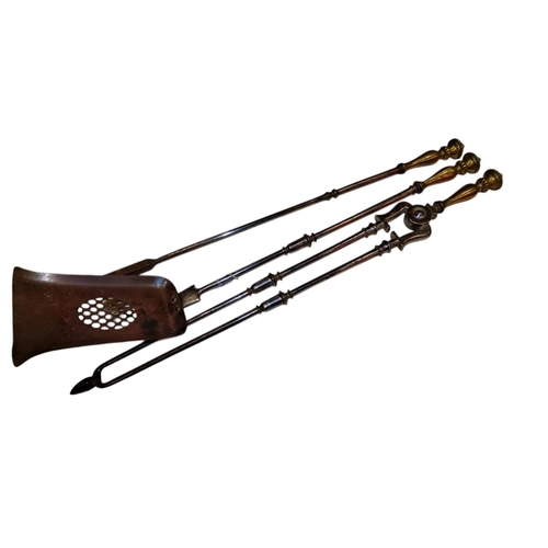 1048 - A set of good quality Georgian country house fire irons together with a pair of later brass fire dog... 