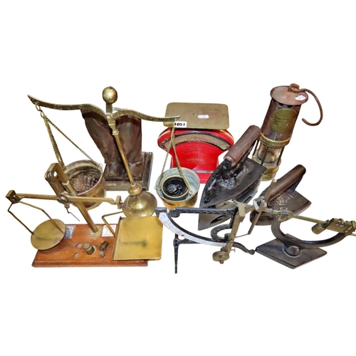 1051 - Various vintage scales, iron miners lamp, Dutch boy companion set, etc