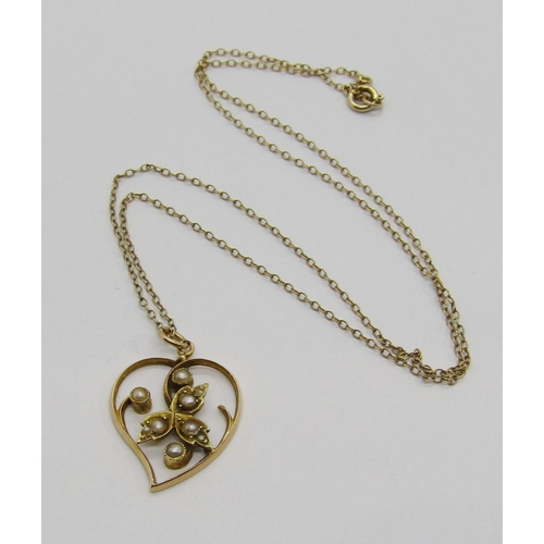 307 - Edwardian 15ct heart shaped pendant set with seed pearls, hung from a period 9ct chain necklace, 2.9... 