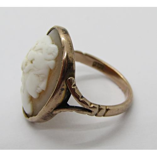 308 - Group of cameo jewellery comprising an antique 9ct ring depicting a classical lady, size L, 3.9g, a ... 