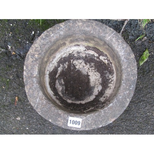 1009 - Weathered carved stone mortar of simple circular tapered form, 17cm high x 28cm diameter