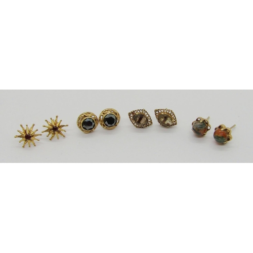 327 - Four pairs of 9ct gem set stud earrings to include a cabochon moss agate pair and a hematite pair, 6... 