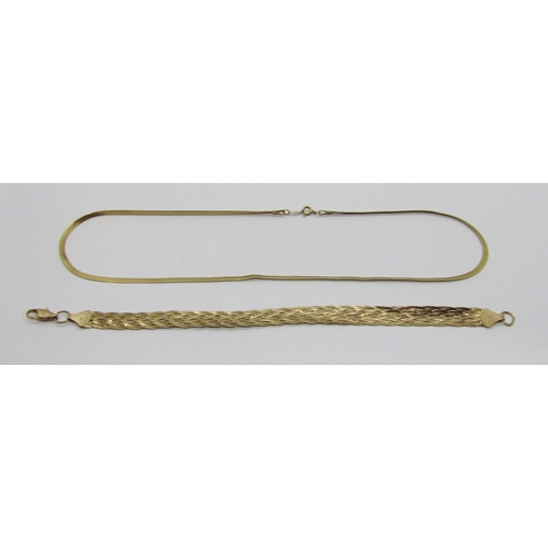 329 - 9ct woven bracelet, Birmingham 1990 import marks, 18.5cm L approx and a 9ct herringbone chain neckla... 