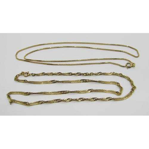 330 - Italian 9ct box link chain necklace, 51.5cm L approx and a further 9ct curb link rope twist example,... 