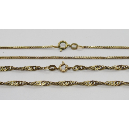 330 - Italian 9ct box link chain necklace, 51.5cm L approx and a further 9ct curb link rope twist example,... 