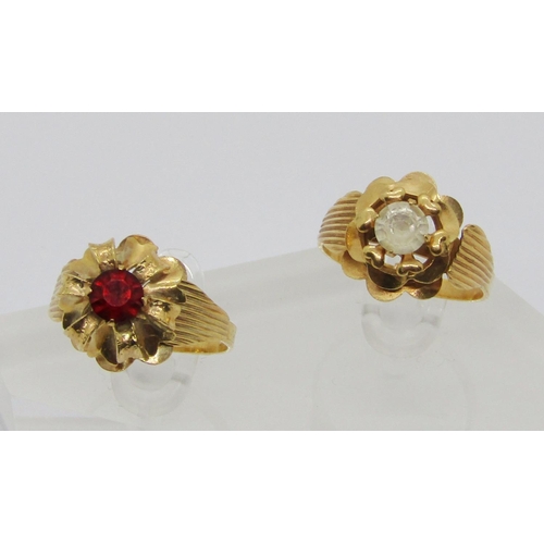 331 - Two Italian yellow metal floral design dress rings set with paste stones, stamped '750' sizes P/Q & ... 