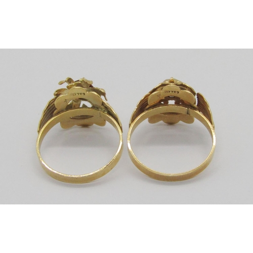 331 - Two Italian yellow metal floral design dress rings set with paste stones, stamped '750' sizes P/Q & ... 