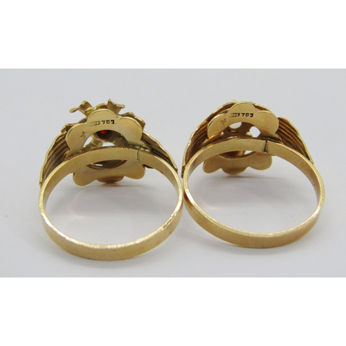 331 - Two Italian yellow metal floral design dress rings set with paste stones, stamped '750' sizes P/Q & ... 