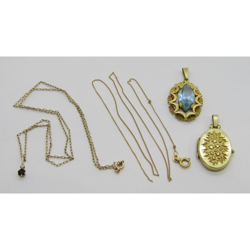 333 - Group of jewellery comprising a 9ct pendant necklace set with a small sapphire and white stone, a fu... 