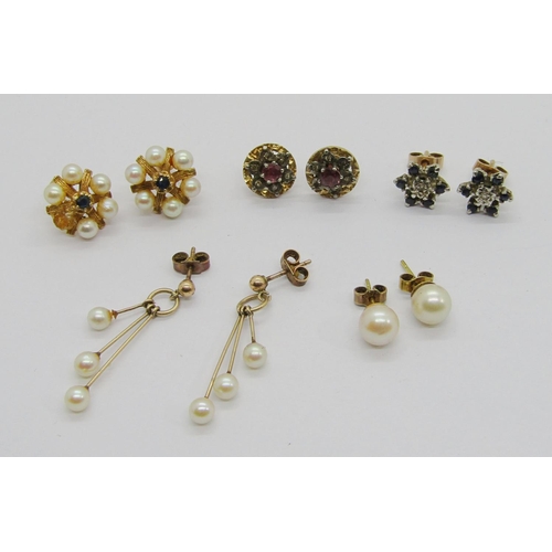 334 - Five pairs of 9ct earrings; two pairs of gem and diamond cluster studs, together with three pairs se... 