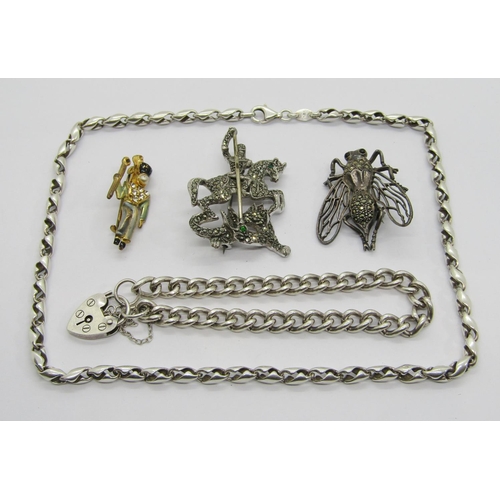 337 - Three pieces of silver jewellery comprising an insect brooch set with marcasite, a curb link bracele... 