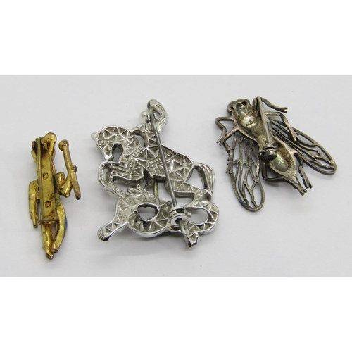 337 - Three pieces of silver jewellery comprising an insect brooch set with marcasite, a curb link bracele... 