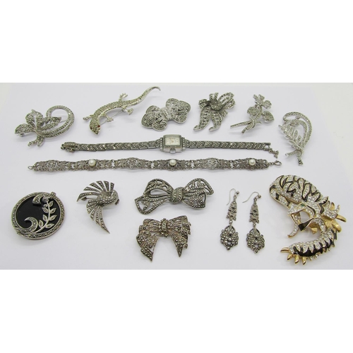 341 - Collection of silver and costume jewellery set with marcasite, to include a circular silver brooch s... 