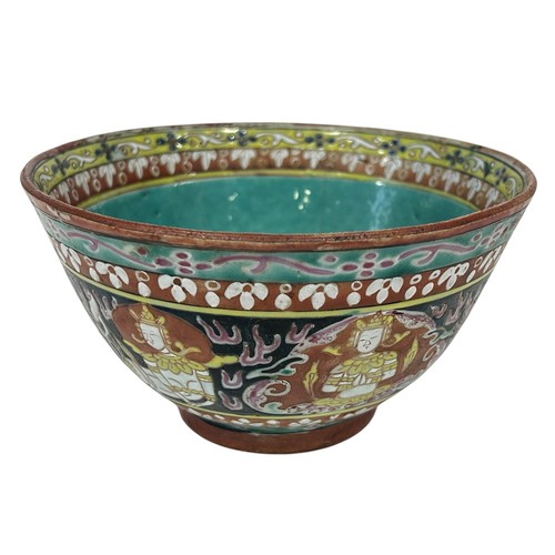 73 - A Sino-Thai Buddhist 'Bencharong' bowl, late Daoguang period, black-ground with enamel decorations (... 