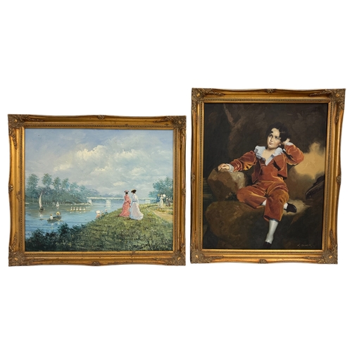 1894 - Two 20th century oil paintings: After Sir Thomas Lawrence - 'The Red Boy' reproduction painting sign... 