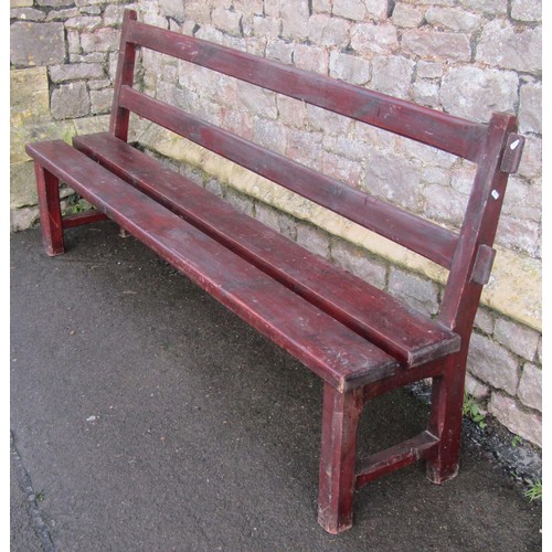 1035 - A  Victorian stained pine bench with through jointed chamfered rail back over a slatted seat, 94cm f... 