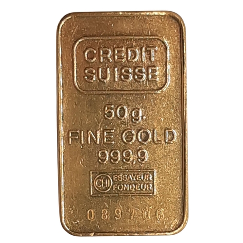 343 - A 50g Fine Gold ingot, 999,9, ‘Credit Suisse’, numbered 089706.