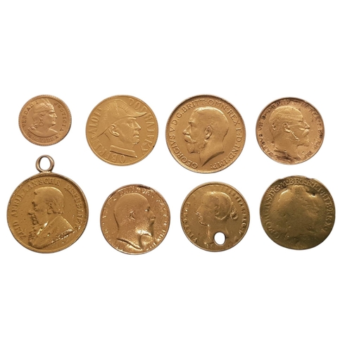 57 - A collection of worldwide gold coins to include a heavily worn Georgian half guinea, an Australian H... 