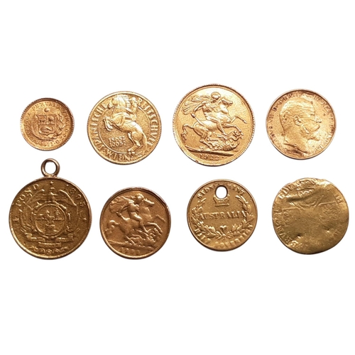 57 - A collection of worldwide gold coins to include a heavily worn Georgian half guinea, an Australian H... 