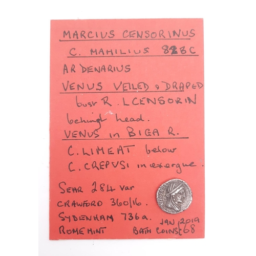 15 - Roman Republic. Marcius Censorinus C Mahilius. AR Denarius, 82 BC. Rome mint. (1 coin)