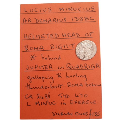 9 - Roman Republic. Lucius Minucius. AR Denarius, c.133 BC. Rome mint. (1 coin)