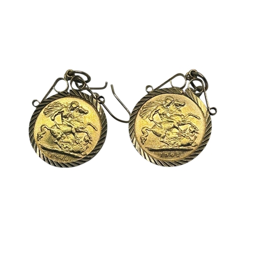 112 - Vitoria, 1837-1901. Two Gold half sovereigns 1900 and 1901, mounted as a pair of earrings in machine... 