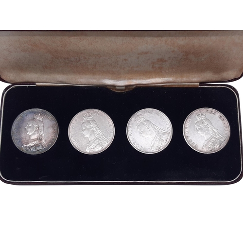 79 - Victoria, 1837-1901. A cased 1887-1890 Double Florin specimen four-coin set, in original box of issu... 