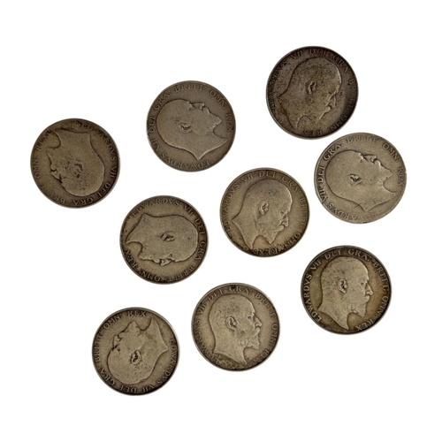 269 - Edward VII, 1902-10. Halfcrowns, 1902, 1903, 1904, 1905, 1906, 1907, 1908, 1909, 1910. (9 coins)