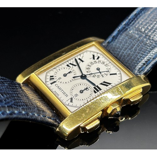 Cartier. A gentleman’s 18ct yellow gold Tank Française Chronograph wristwatch, the signed white dial with Roman numerals and blue steel hands, 32mm case, signed, marked 18k and numbered 358899MG, on a later blue leather strap, the original leather strap fitted with 18ct yellow gold Cartier strap present and seemingly unworn, cased and boxed with booklet present.