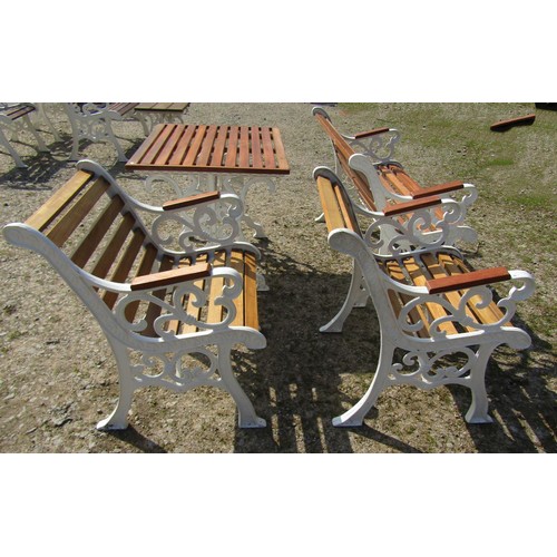 35 - A refurbished heavy gauge four piece garden terrace set with hardwood slats and cream painted open s... 