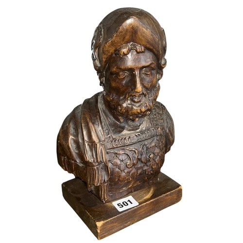 A 19th century continental carved wooden bust of Ajax, set on a wooden plinth, 28cm including the plinth