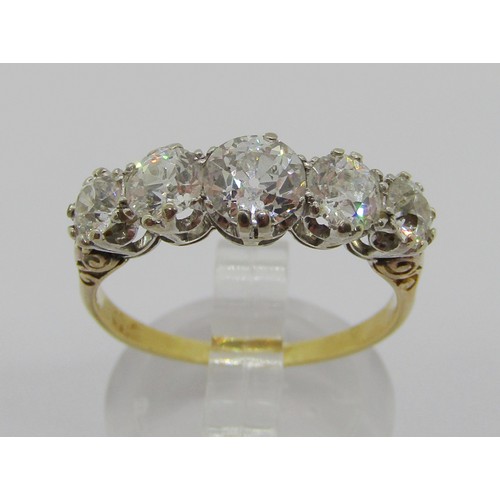 Fine yellow metal graduated five stone old-cut diamond ring, centre stone 0.75ct approx, flanked by a pair of diamonds 0.30ct each approx, outer pair 0.20ct each approx, size Q/R, 4.2g