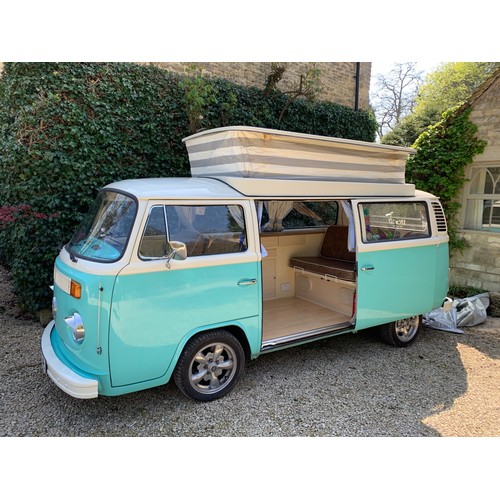 A Volkswagen T2 camper Reg: OLX254L -with a brand new reconditioned 1600cc engine, installed at a cost of £3,000. Only travelled 200 miles since the new engine was installed. Buyers premium of 10% + VAT applicable to this vehicle only.
The van underwent a complete restoration project in 2018, including replacement door steps, new seatbelt mounts, sliding door sills, new rear arch panels and new rubber seals throughout. Project included a respray in ‘Porsche mint green over 70’s VW white’. Odometer reading is 119,168 however the engine has been reconditioned so is not really relevant. 
The bodywork is in excellent condition with a few spots of rust but nothing of any concern.
The back seat folds down to reveal a double ‘rock and roll’ bed, the roof lifts to add significant head space inside. There is a new gas cooker which can be used inside or out and plenty of storage space. There are plenty of photographs available of the restoration works and paperwork, available in the office.
This is a historic vehicle so is tax - free and does not require an MOT.