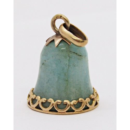 An antique French 18ct yellow gold mounted green jade bell shaped pendant / fob, 22mm high, 15mm diameter, with eagle mask mark to mounts