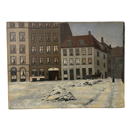 1799 - Wilhelm Ferdinand Leisner (1837-1910) - Snowy street scene (1891), oil on canvas, signed and dated, ... 