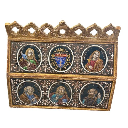 18 - A fine 19th century gilt wood and enamel set casket or chases in the 16th century Limoges style, the... 
